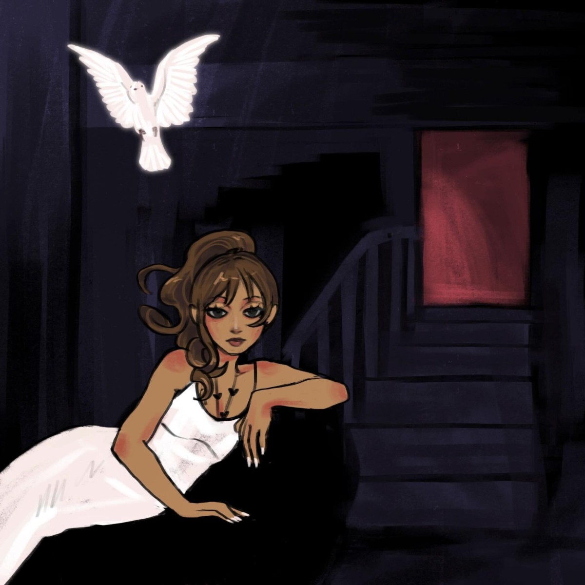 An illustration of a girl wearing a white dress with brown hair is sitting on a black chair. She is outside a building in front of stairs, and red light is coming out of the entrance door. A white dove is flying.