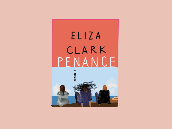 An illustration of a book cover which reads “ELIZA CLARK PENANCE” featuring three people sitting on a dock with one of them scribbled over. The cover is on top of a light pink background.