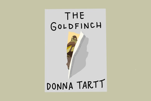 An illustration of a gray book cover on a light green background. There is black text on the cover that reads, “The Goldfinch,” and “Donna Tartt.” The middle of the cover is ripped and a green-and-brown bird is peeking through the rip.