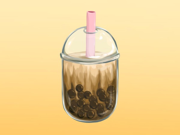 An illustration of a plastic cup with brown colored drink, black boba balls on the bottom, a pink straw, placed in front of a yellow gradient background.