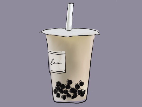 An illustration of a cup of cream colored drink, with black boba at its bottom, a white straw, a white lid, a white label with black handwriting, placed in front of a gray background.