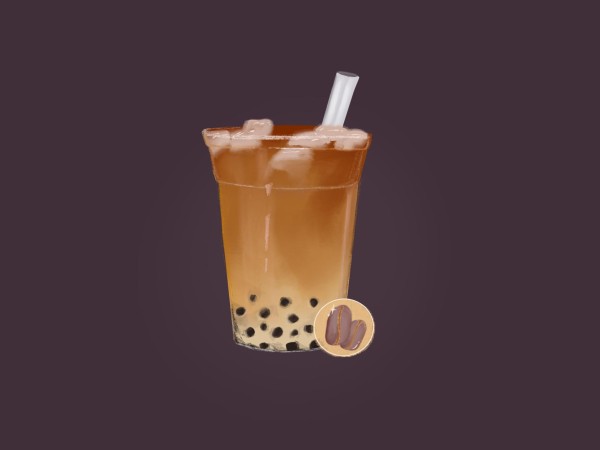 An illustration of a cup of brown beverage with black boba at its bottom, a white straw, placed in front of dark purple background. There is a small circle with two coffee beans at the corner of the drink.