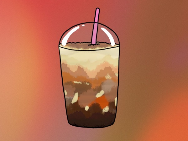An illustration of a cup with creme brulee boba, a pink straw, placed in front of a brown and red gradient.