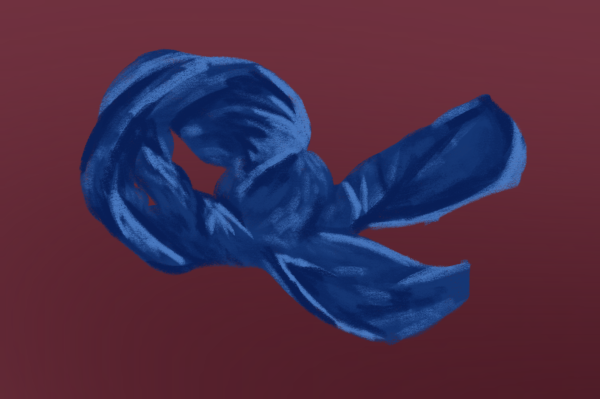 An illustration of a blue scarf on a maroon background.