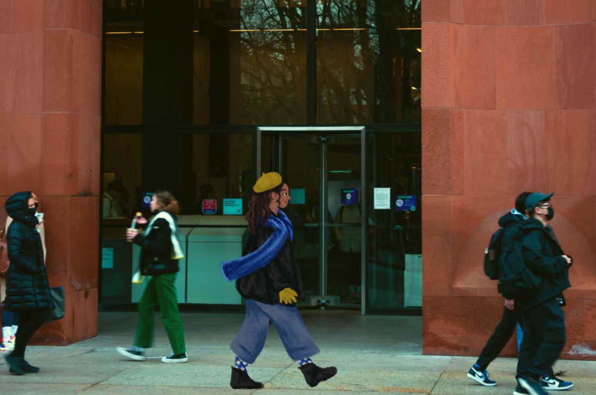 An illustration of a girl wearing a yellow hat, blue scarf, blue-and-white socks and yellow gloves walking in front of the Bobst Library entrance.