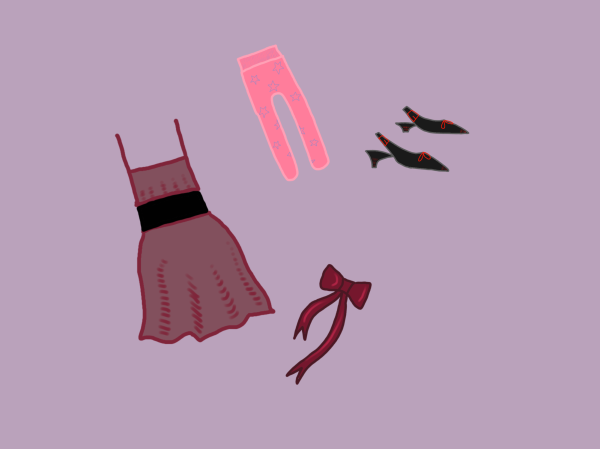 A pink spaghetti strap dress, a pair of pink stockings with blue stars, black heels with red bows and a big red hair bow on a purple background.