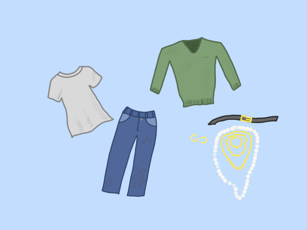 A white T-shirt, blue jeans with brown embroidered flowers, a green sweater, a black belt, gold hoop earrings, a white pearl necklace and gold necklaces on a blue background.