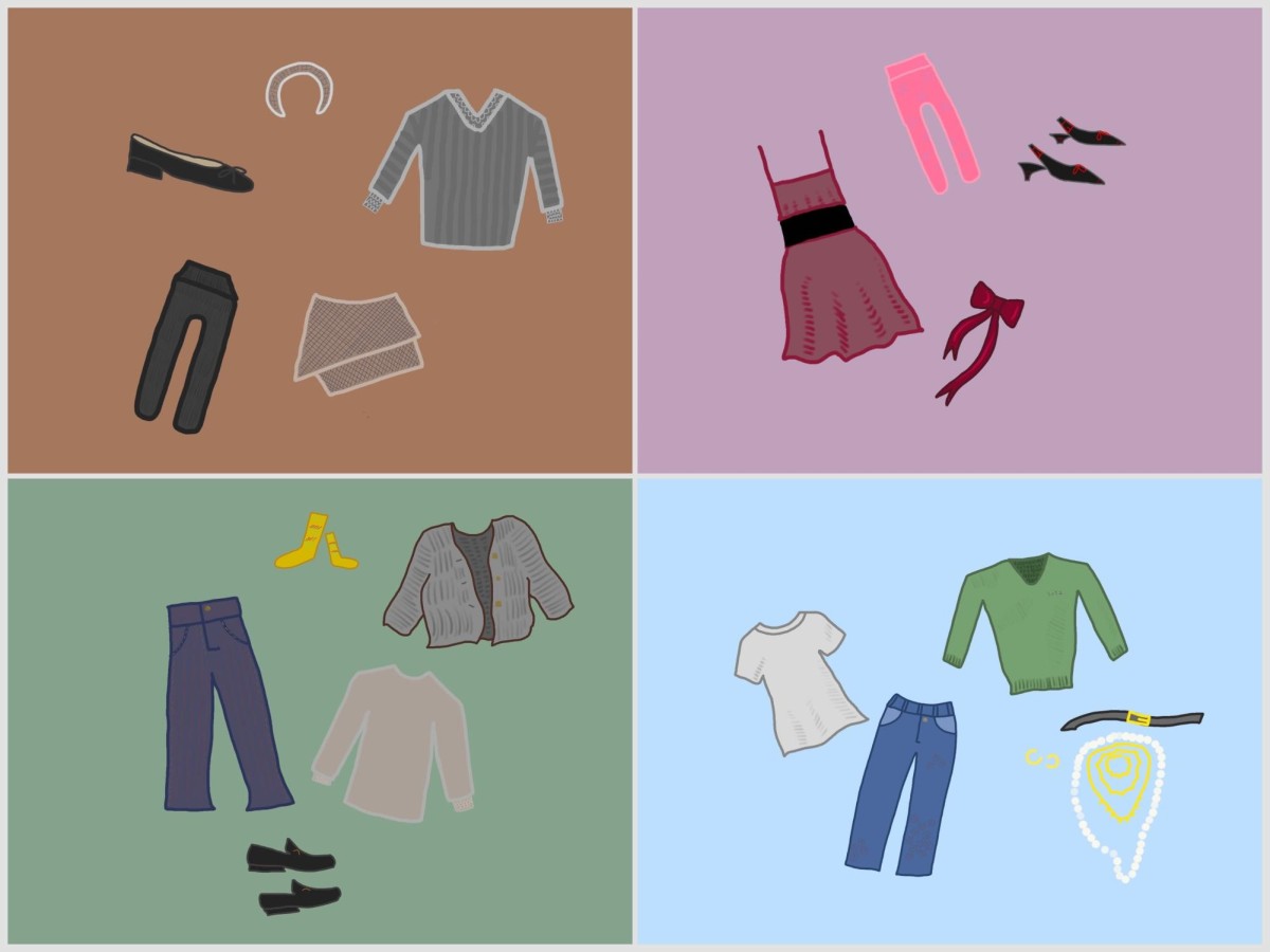 A collage of four pairs of different outfits on brown, pink, green and blue backgrounds.