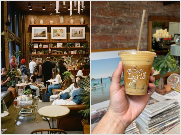 A collage of two photographs. On the left is the interior of a cafe, on the right is a hand holding a cup of coffee with the words “Café Lyria” printed on it.