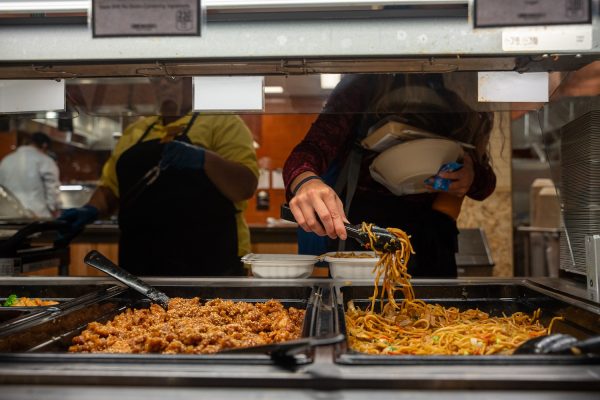 A person serves themselves noodles from the Wegmans hot food bar.