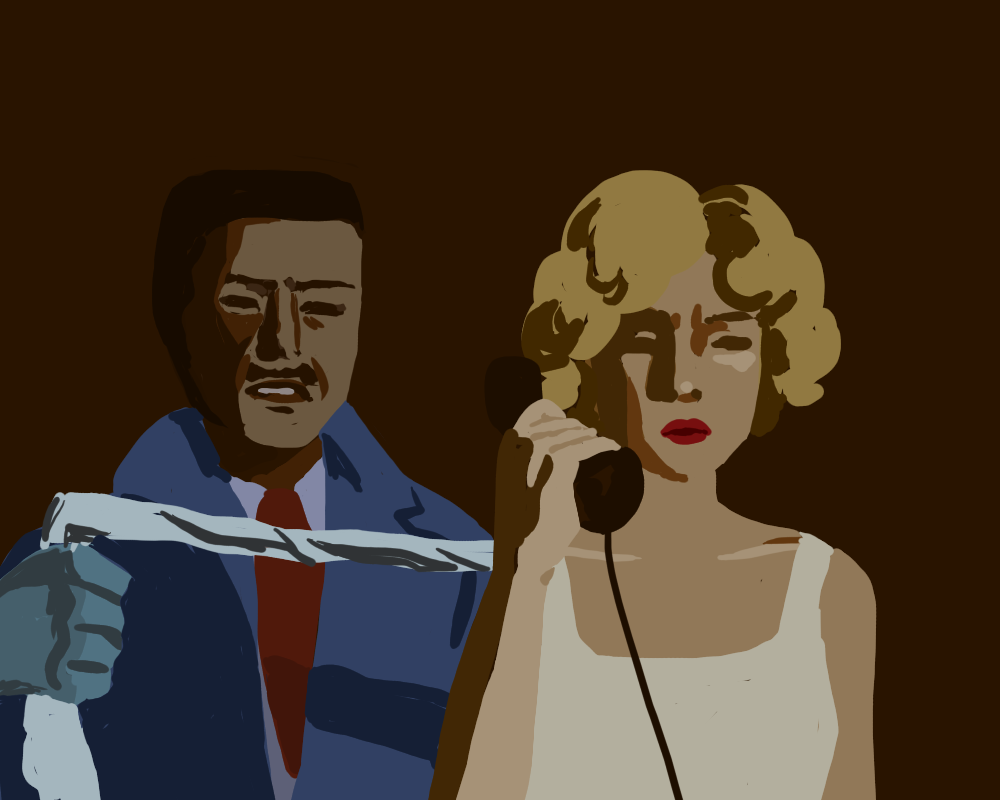 An illustration of a person with blond hair and a white top holding a telephone to their ear. Another person wearing a blue suit and red tie stands behind her with a blindfold.