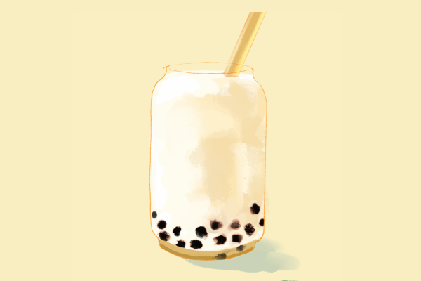 An illustration of a cup of white beverage with black boba at its bottom, a yellow straw, placed in front of light yellow background.