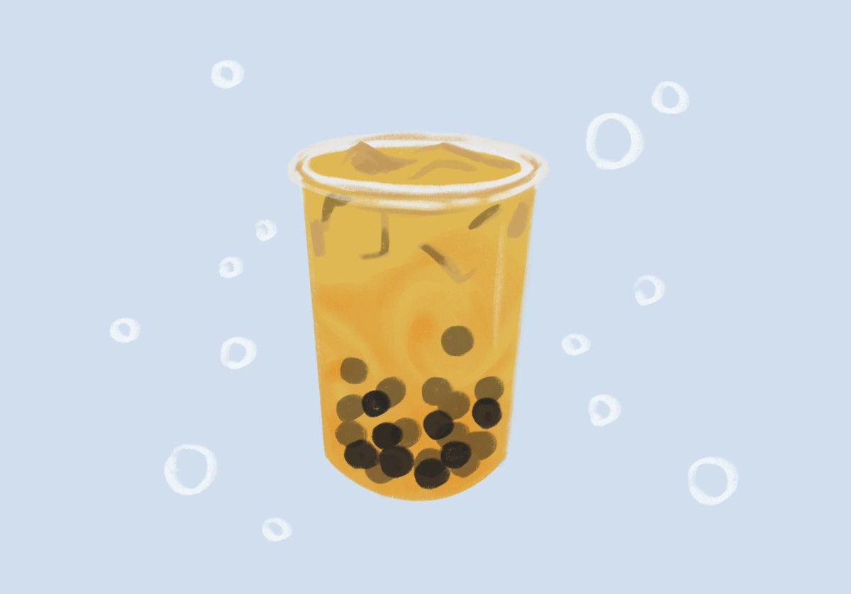 An illustration of a cup of yellow beverage, with black boba at its bottom, blocks of ice floating at its top, placed in front of a sky blue backgroundwith white bubbles all around.