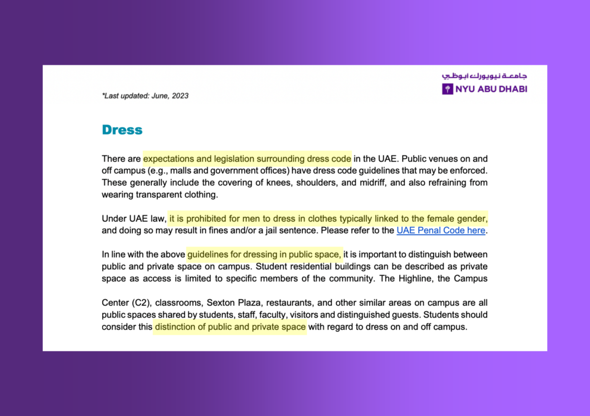 An excerpt from pages 19 and 20 from the N.Y.U. Abu Dhabi’s student handbook with highlighted pieces of text. The excerpt is placed on a violet gradient background.