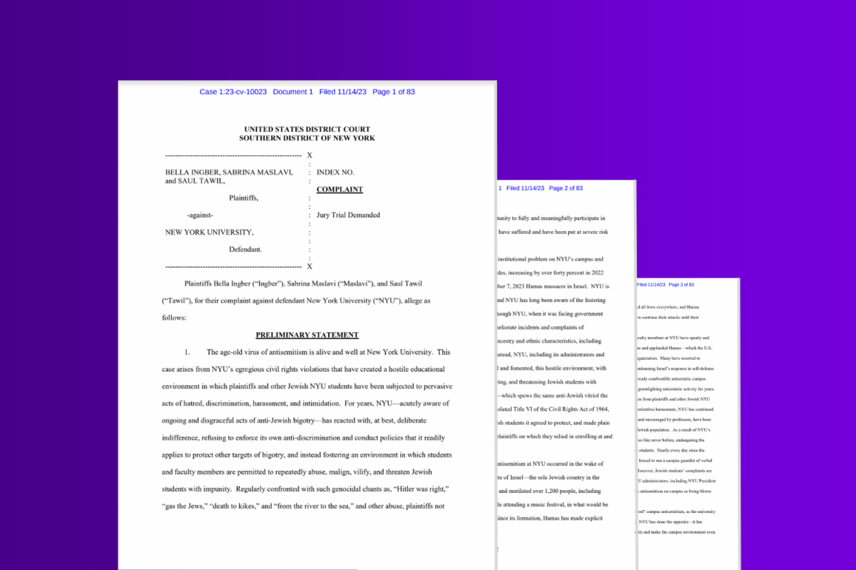 The first three pages of a lawsuit filed against N.Y.U. for being indifferent to instances of anti-Semitism layered on a violet-gradient background.