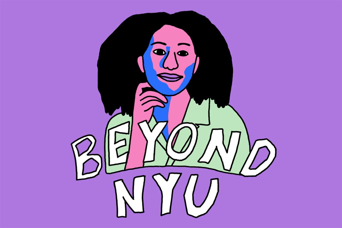 An illustration of a colorful portrait of Trinity Mouzon Wofford above black-and-white text stating ‘Beyond N.Y.U.’