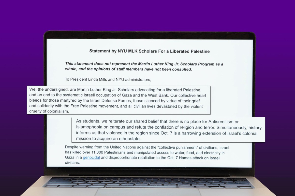 An illustration of a letter titled Statement by N.Y.U. M.L.K. Scholars For a Liberated Palestine displayed on a laptop screen in front of a dark purple background. The first two paragraphs of the letter are enlarged on top of the screen.