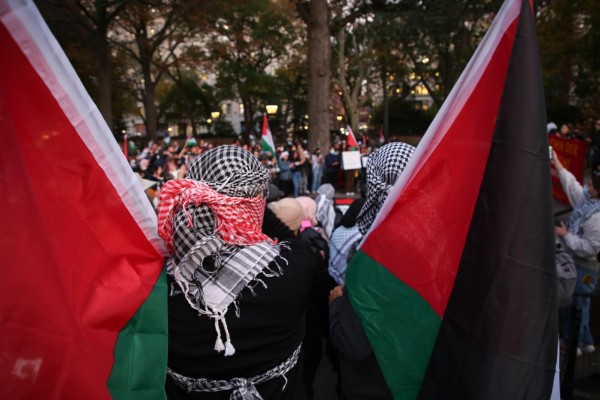 Two people hold Palestine flags. The flag has the colors red, white green and black.
