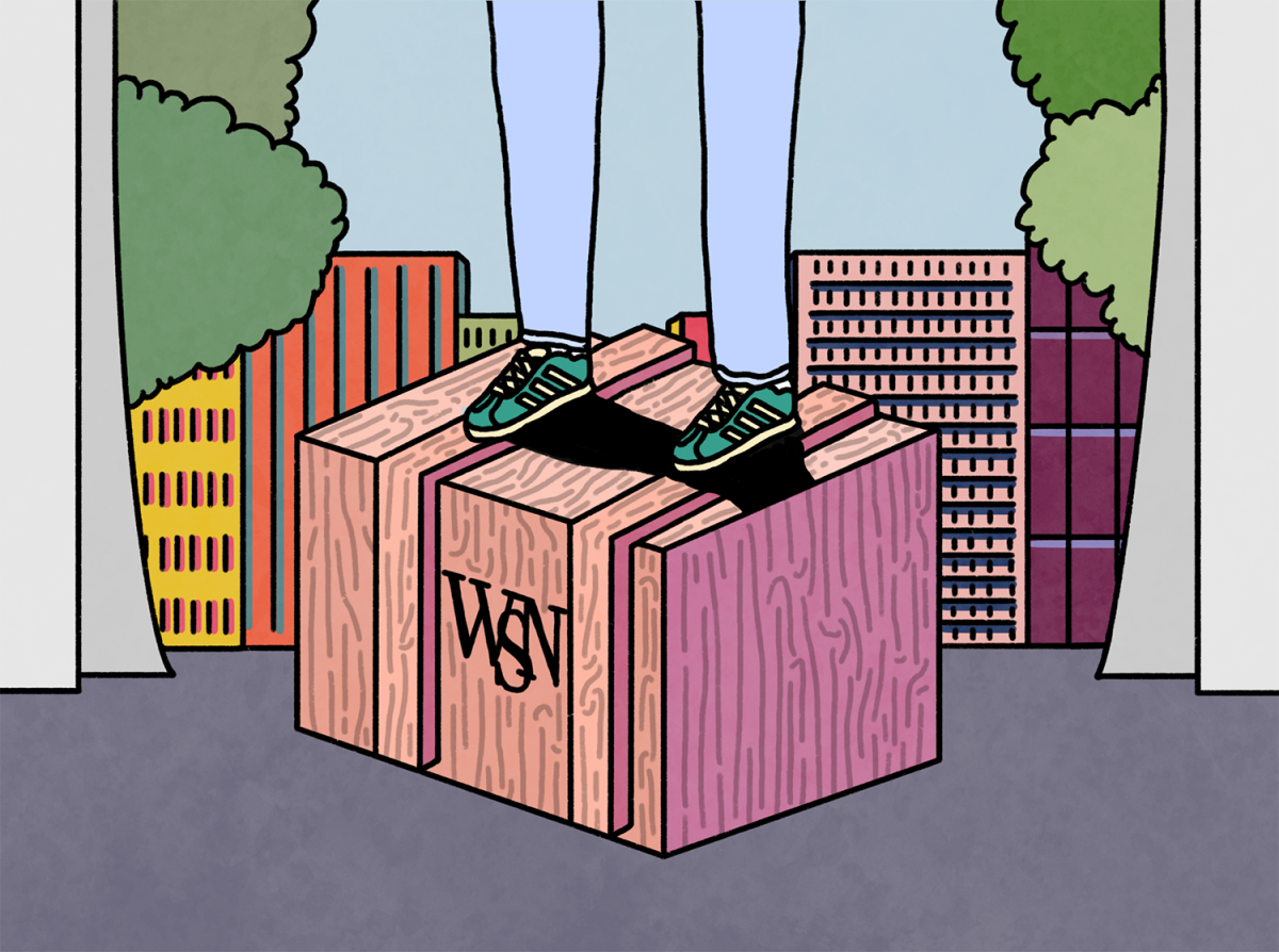 An illustration of a pair of legs wearing light blue jeans and teal shoes with white stripes stands on a wooden box with the “W.S.N.” logo on it. In the background are trees and various colorful buildings.