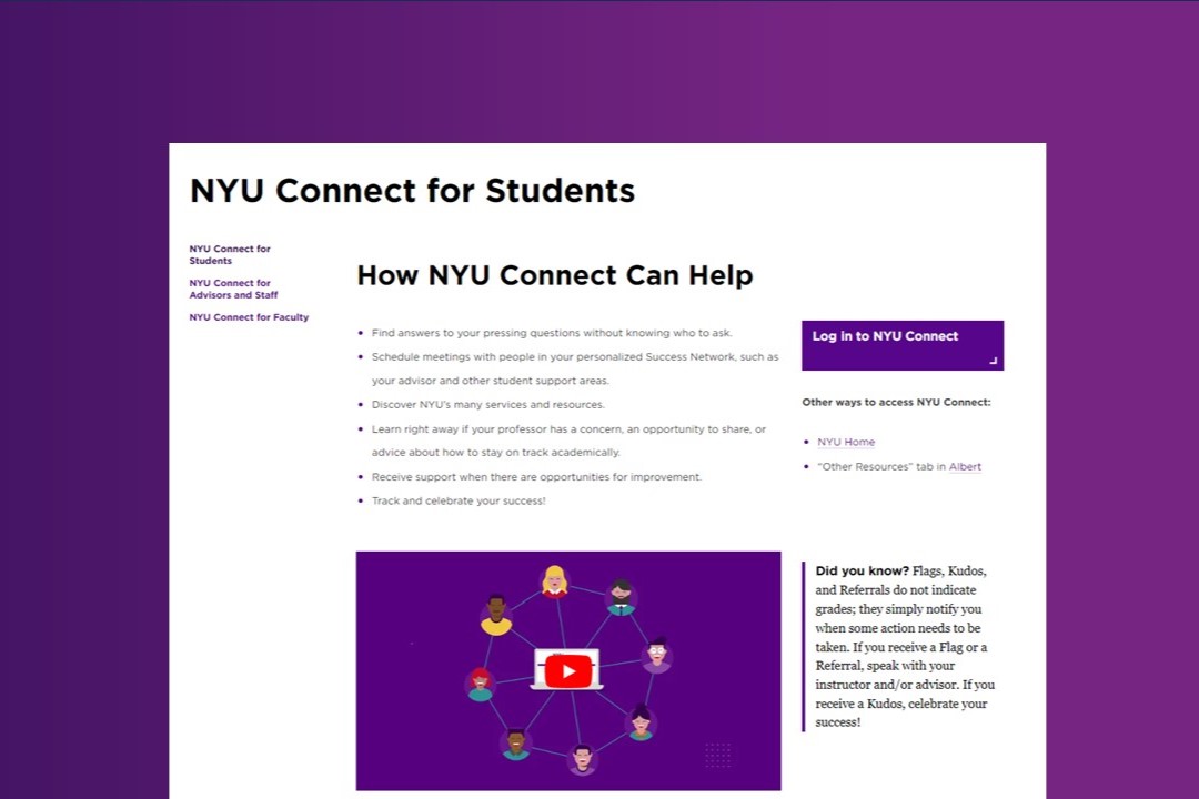 A screen of the “N.Y.U. Connect for Students” page placed on a purple background.
