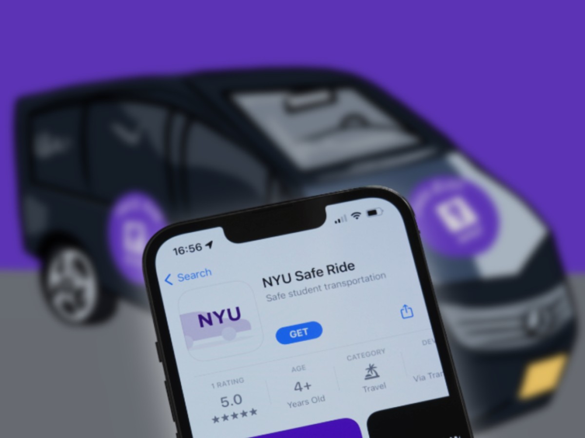 A blurry illustration of a black van on a purple background with a purple, circular N.Y.U. logo on the front and side of the van. In front of the van is an image of a phone open to the N.Y.U. Safe Ride App in the App Store.