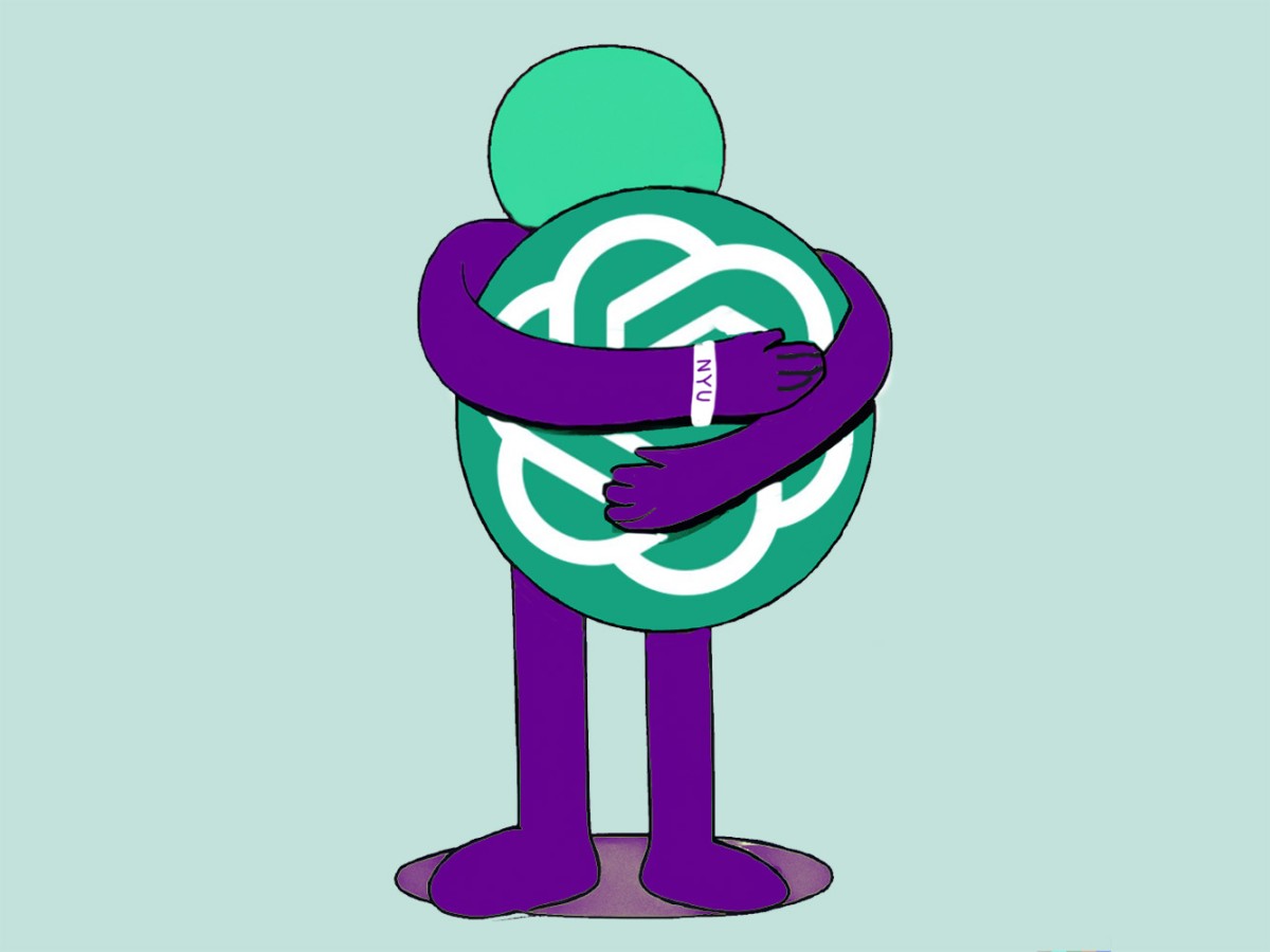 An illustration of a figure with a turquoise head and purple body wearing a white bracelet with “N.Y.U.” written on it. It is hugging the Chat G.P.T. logo.