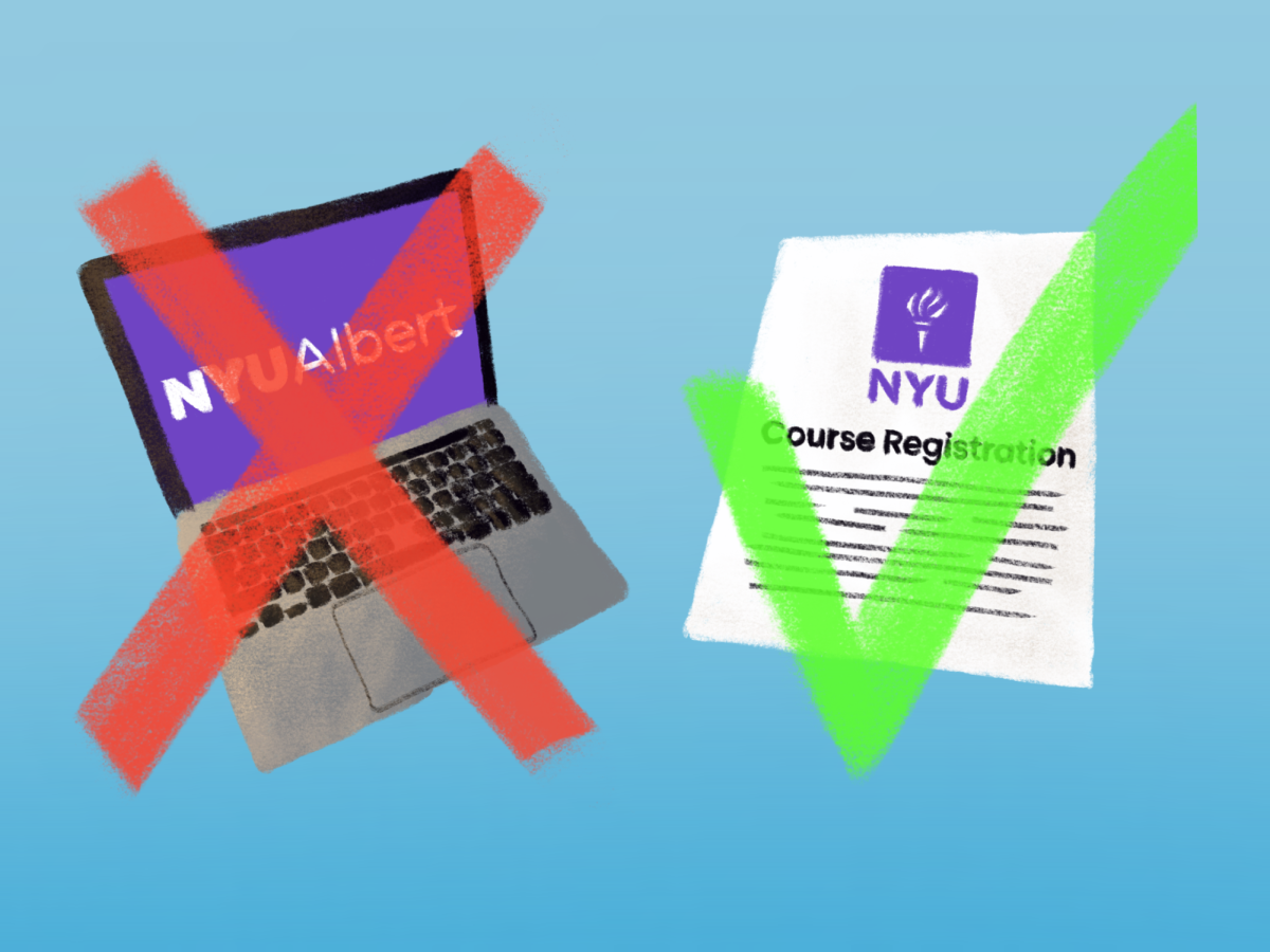 A laptop with the screen open to “NYU Albert” is covered with a red X on the left, and a piece of paper with the NYU logo titled “Course Registration” is covered with a green checkmark on the right. The background is blue.