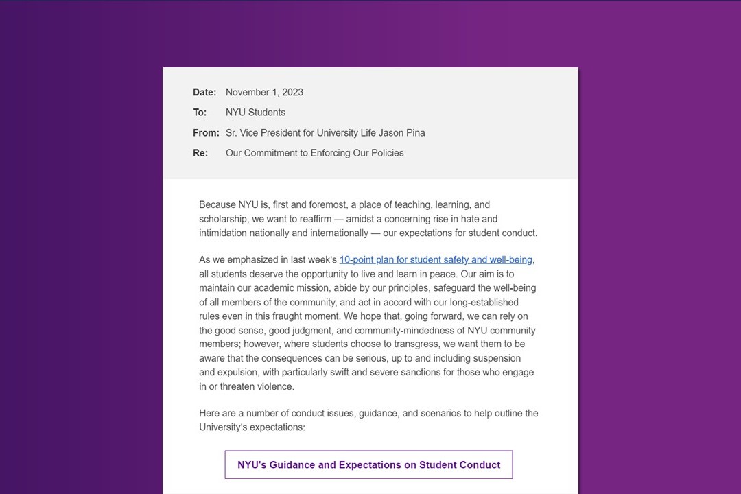 A+graphic+with+a+screenshot+of+an+email+from+Senior+Vice+President+for+University+Life+Jason+Pina+addressing+N.Y.U%E2%80%99s+commitment+to+enforcing+its+student+conduct+policies+displayed+on+a+purple+background