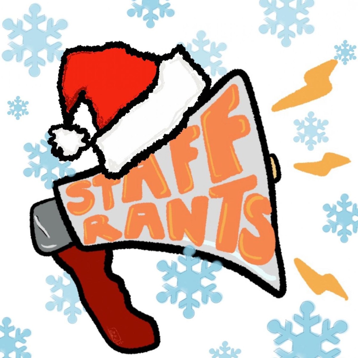 An illustration of a megaphone with the phrase “Staff Rants” written on it. The megaphone wears a red Santa hat and the background is white with blue snowflakes.