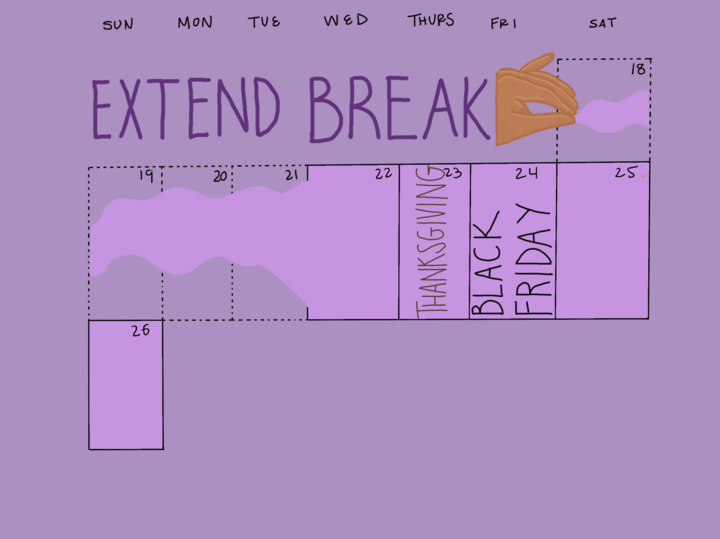 A+purple+calendar+with+a+hand+pulling+the+start+of+Thanksgiving+Recess+from+Nov.+22+back+to+Nov.+18.