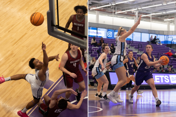 A side by side photo of N.Y.U.’s men’s and women’s basketball teams. On the left half of the photo junior and guard Zay Freeney shoots a basket in N.Y.U. men’s basketball season opener against Manhattanville College. On the right side of the photo graduate student and guard Megan Bauman tries to find an opening to shoot the basketball in the team’s game against Johns Hopkins University.
