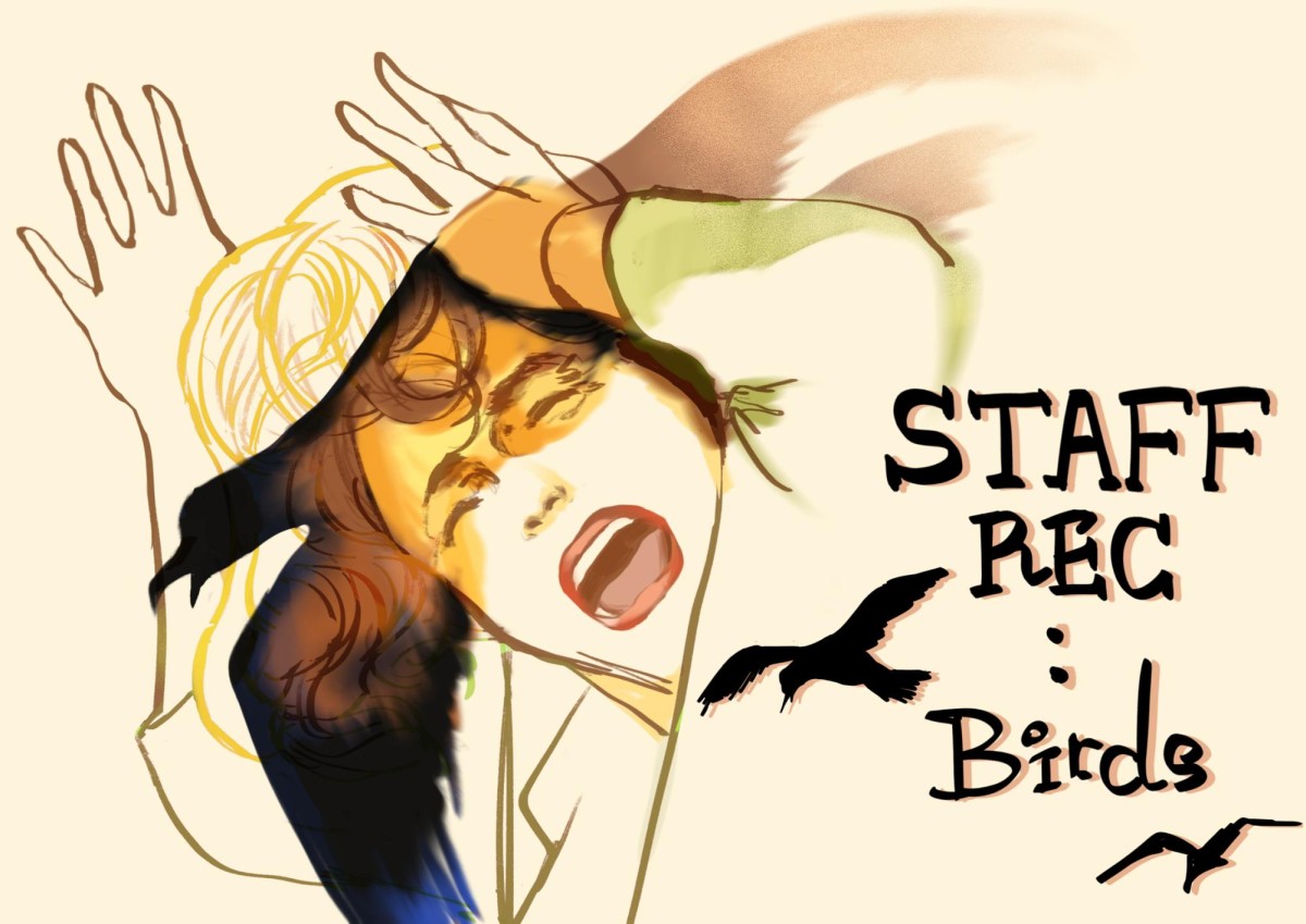 An illustration with a woman screaming while holding her head with her hands. Around her are the silhouettes of three birds. At the lower right side of the illustration is the title "STAFF REC: Birds".