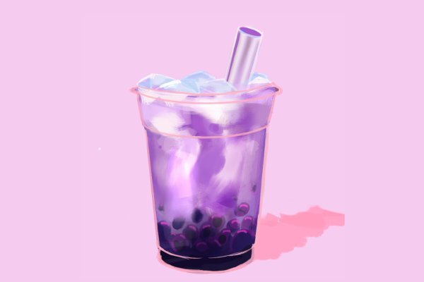 An illustration of a cup of light purple drink, with blocks of ice at its surface, dark purple boba at its bottom, and a white transparent straw, placed in front of a light pink background.