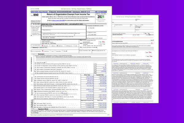 A graphic of the first two pages of the university’s 2021 tax returns on a purple background.