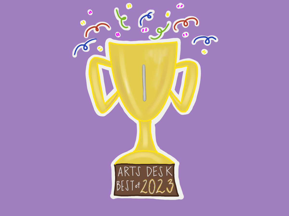 A yellow trophy with multi-colored confetti on a purple background.