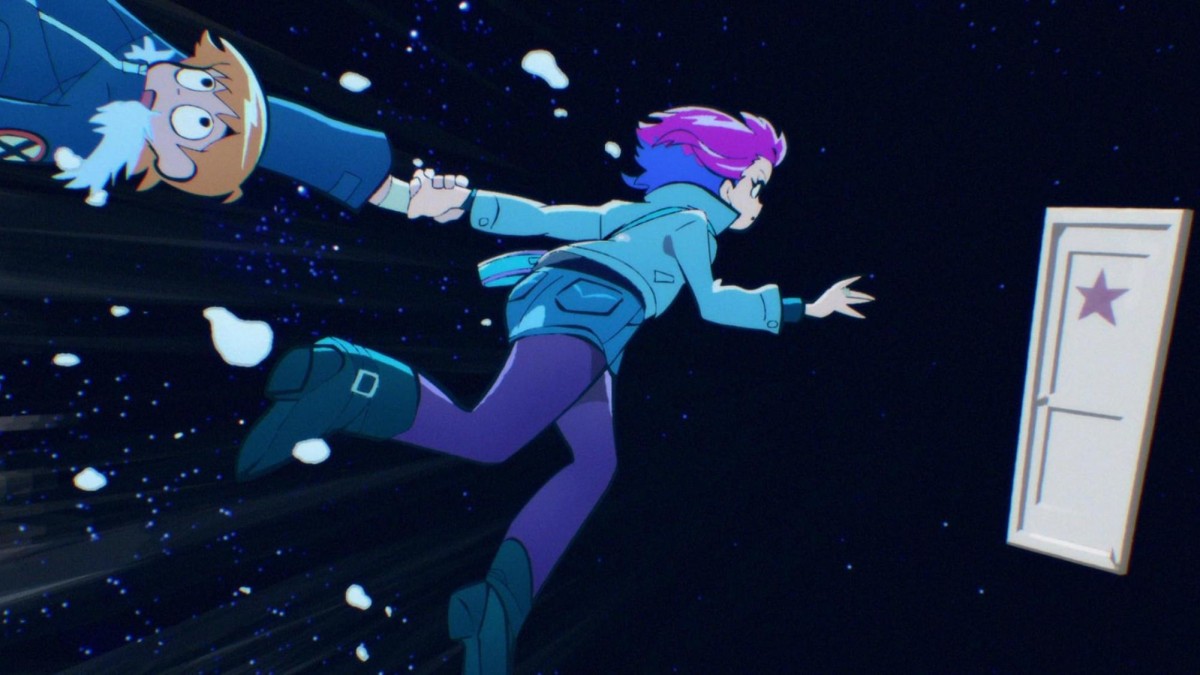 A still from the animated TV show “Scott Pilgrim Takes Off.” A person with blue and purple hair and outfit runs towards a white door with a purple star on it. They are pulling a person with orange hair and a blue jacket.