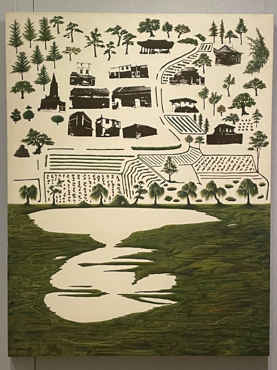 A green painting on a cream-colored canvas. There are black houses, green grass and green trees.