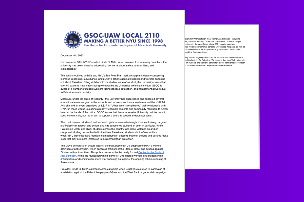 A+graphic+of+a+letter+titled+%E2%80%9CGSOC-UAW+Local+2110%2C+Making+A+Better+N.Y.U+Since+1998%E2%80%9D+on+a+purple+background.