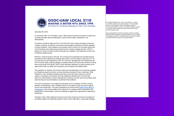 A graphic of a letter titled “GSOC-UAW Local 2110, Making A Better N.Y.U Since 1998” on a purple background.