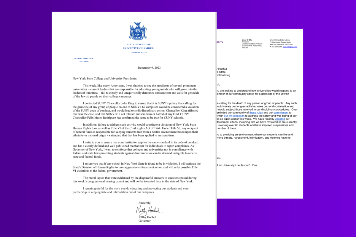 An image of a letter with a blue seal bearing the words “STATE OF NEW YORK EXECUTIVE CHAMBER” at the top and has a signature at the bottom which reads “KATHY HOCHUL”. The letter is two pages and on a pure purple background.