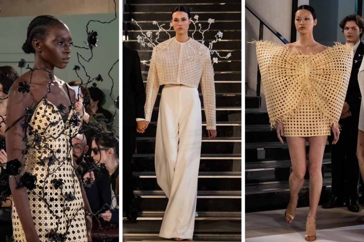 A collage of three photographs. In the left photo, a model wears an off-white, woven dress with black metallic flowers that branch off of it. In the middle photo, a model wears white pants and a white woven top with metallic flowers branching from her back. In the right photo, the model wears a beige, woven dress with a large bow on the front.