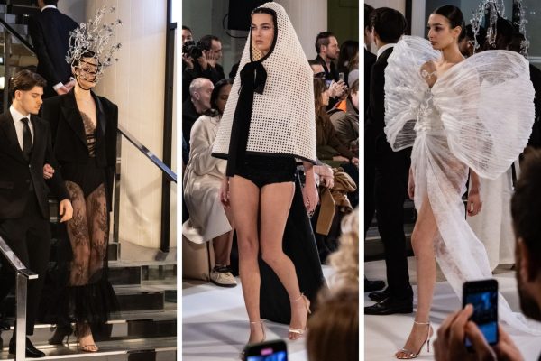 A collage of three photographs. The model on the left wears a sheer dress, a black blazer and a cage headpiece. The middle photo shows the model wearing a white netted shawl and a long black cape. The model on the right wears a white sheer dress and a large bow.