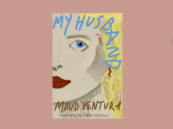 A book with a face with blue eyes, blonde hair and red lipstick on its cover, with the title “My Husband” written across her face.