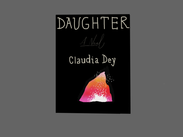 A book titled “Daughter” by Claudia Dey. On its cover is an abstract pink, red, orange and yellow shape with white sparks coming from the bottom placed on a black background.