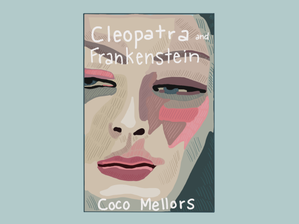 A book titled “Cleopatra and Frankenstein” by Coco Mellors. On its cover is a close-up of a woman’s face whose head, but not face, appears to be submerged in water.