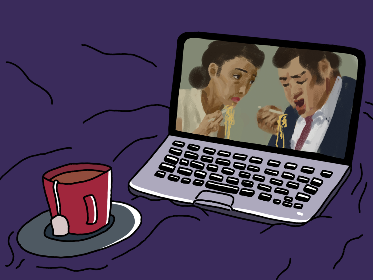 An illustration of a laptop and a mug on a purple background. On the laptop is an image of a woman and a man eating noodles with chopsticks.