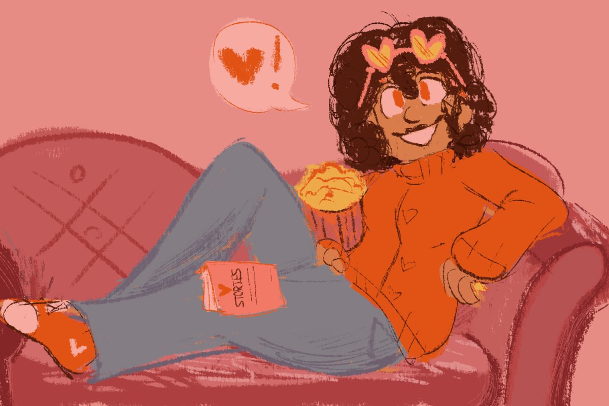 A woman with dark skin and brown curly hair wearing a red sweater, a pair of blue jeans and red sneakers smiles as she lounges back on a pale pink couch. A bucket of popcorn is in her right arm and a book named “Love Stories” lies on her leg.