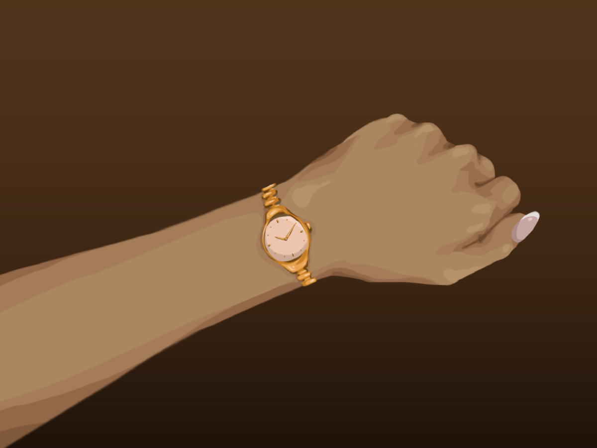 An+illustration+of+an+arm+with+a+small+pink+and+gold+watch+on+its+wrist+on+a+brown+gradient+background.