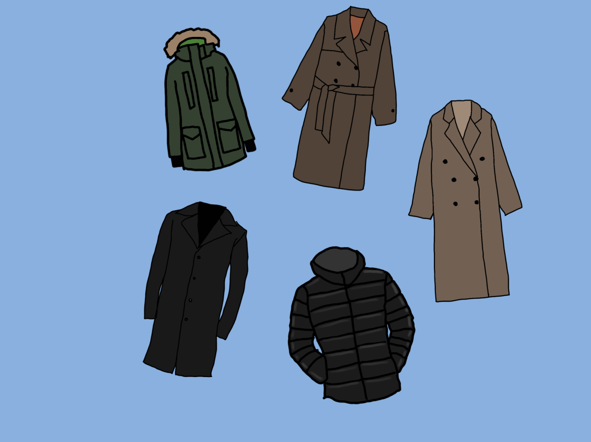 An illustration of two long brown coats, one long green coat, one long black coat and one short black coat scattered on a blue background.