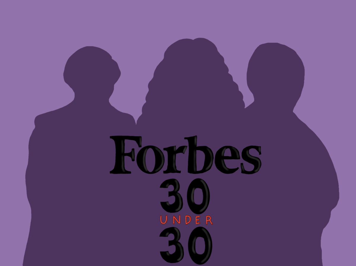 An illustration of three purple silhouettes on a light purple background, with the words “Forbes Thirty Under Thirty” written on the silhouette.